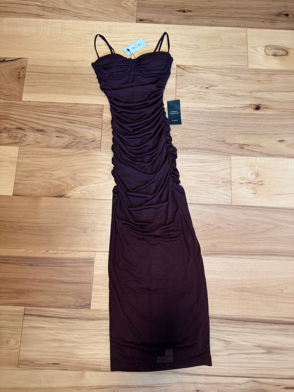 NWT Dynamite Ruched Spaghetti-Strap Midi Dress in Dark Brown - Picture 4 of 7